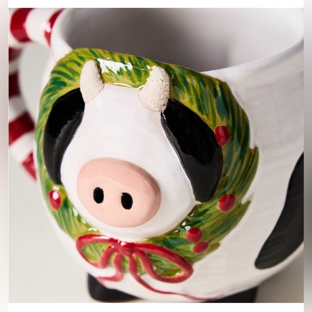 Set of Two Brand New Anthropologie Festive Holiday Cow Stoneware Mug, 10oz, NWT - Picture 3 of 4